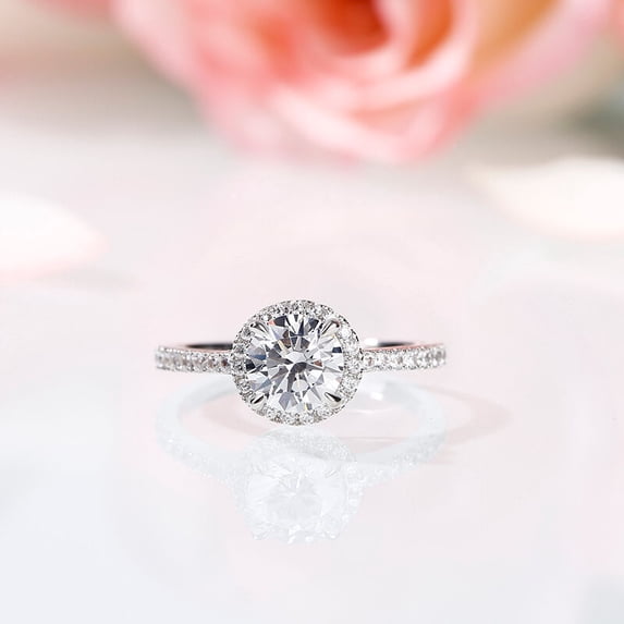 Kalapi Jewel 1.6 Ct Round Cut Moissanite Engagement Ring for Women - 14K White Gold Plated Wedding Rings for Her - Halo Anniversary Rings for Her - Perfect for Proposals or Special Celebrations