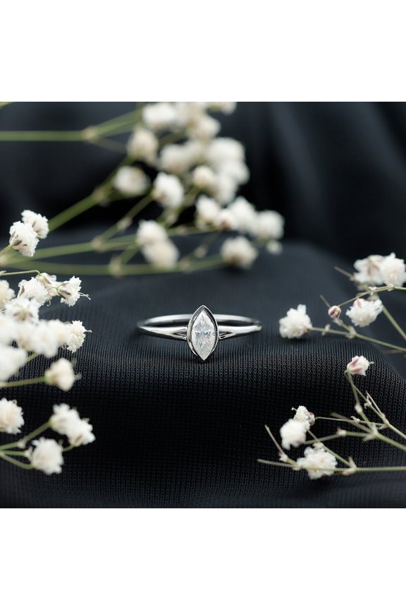ry 14K White Gold Plated 0.9 Ct Moissanite Bezel Set Ring - Stunning Marquise Cut Engagement Split Shank Ring for Her - Timeless Jewelry Gift for Weddings or Special Occasions