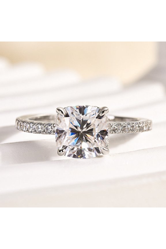 14K White Gold Plated 1.6 Ct Cushion Cut Moissanite Ring - Elegant Engagement Wedding Hidden Halo Jewelry - Perfect Gift for Her Bridal Anniversary or Romantic Proposal Surprise Rings