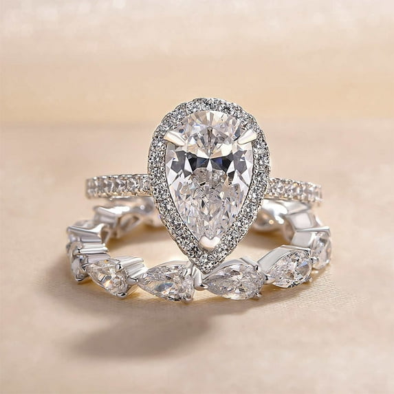 Kalapi Jewel 14K White Gold Plated Engagement Ring Set - 1.4 Ct Pear Cut Moissanite Ring Set for Her - Exquisite Halo Ring with Half Eternity Band - Gift for Proposing or Celebrating Love
