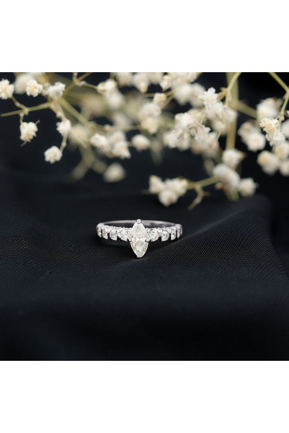 14K White Gold Plated Marquise Cut 1.3 Ct Moissanite Three Stone Engagement Ring for Women – Prong Setting Solitaire Wedding Band – Perfect Gift Jewelry