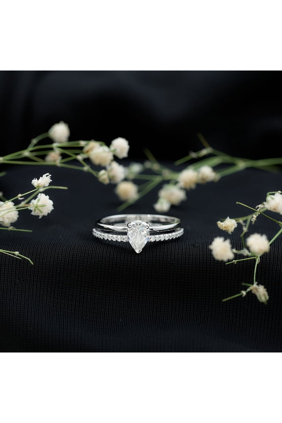 14K White Gold Plated Pear Cut 1.2 Ct Moissanite Engagement Ring for Women – Elegant Prong Set Solitaire & Eternity Bridal Ring Set – Gift Ready