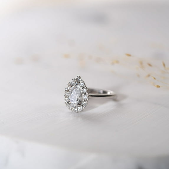 Kalapi Jewel 14K White Gold Plated Pear Cut Engagement Ring for Women - 1.2 Ct Moissanite Three Stone Design with Prong Setting - Vintage Style Bridal Wedding Jewelry Gift Idea