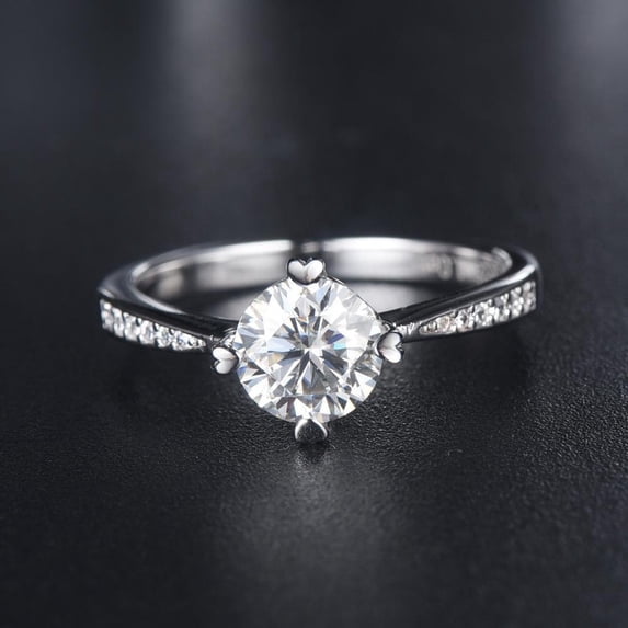 Kalapi Jewel 14K White Gold Plated Round Cut Engagement Ring for Women – 1.3 Ct Moissanite Solitaire with Accent Stones – Elegant Prong Heart Setting Wedding or Promise Ring