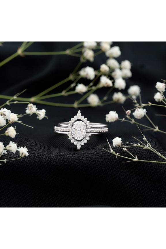 14K White Gold Plated Trio Engagement Ring Set for Women - 1.65 Ct Oval Cut Moissanite Solitaire with Prong Setting - Perfect Wedding, Proposal & Anniversary Gift