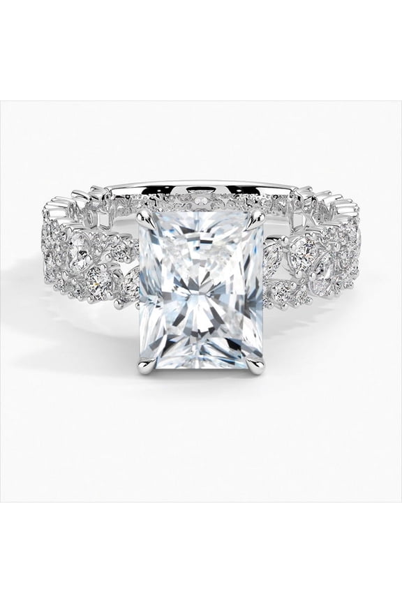 ry 2.1 Ct Radiant Cut Moissanite Ring - 14K White Gold Plated Ring - Floral Inspired Moissanite Rings for Her - Cluster Style - Multi-Stone Ring for Women