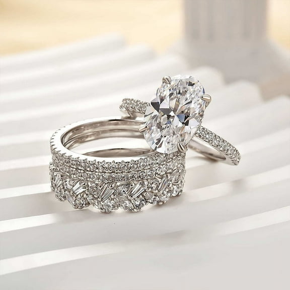 Kalapi Jewelry 2.2 Ct Oval Shape Moissanite Ring Set for Women - 14K White Gold Plated Engagement and Wedding Ring Set with Matching Anniversary Ring - Beautiful Gift for Her