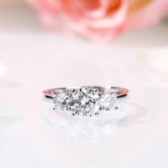 Kalapi Jewel 2.2 Ct Round Cut Moissanite Engagement Ring - 14K White Gold Plated Three Stone Wedding Ring for Women - Elegant Solitaire Style Jewelry - Perfect Romantic Gift for Her