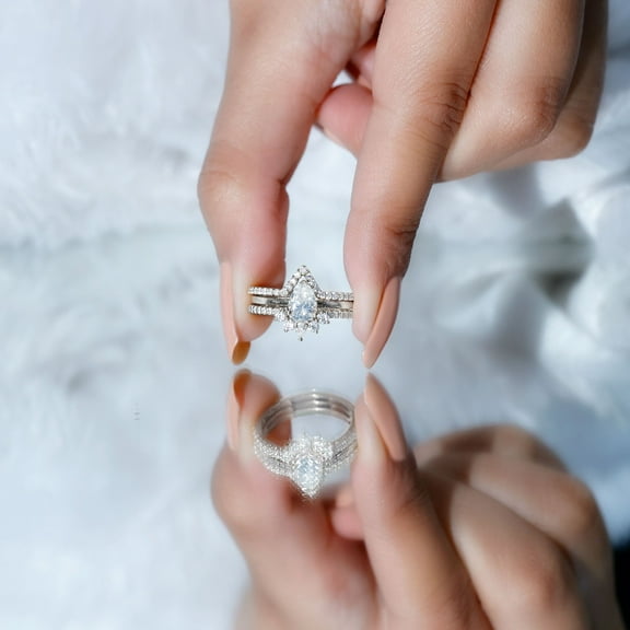 Kalapi Jewelry Chevron Trio Wedding Bridal Ring Set for Women - 1.6 Ct Pear Cut Lab-Created Moissanite Moissanite Solitaire with Prong Setting - 14K White Gold Plated Engagement Ring Gift