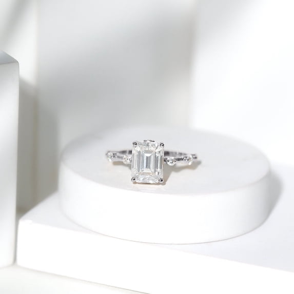 Kalapi Jewel Elegant Women’s Engagement Ring – 14K White Gold Plated 1.4 Ct Emerald Cut Moissanite Solitaire with Prong Setting – Ideal Wedding or Gift Ring