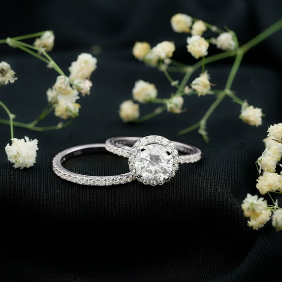 Kalapi Jewel Halo Engagement Moissanite Bridal Ring Set for Women - 1.4 Ct Round Cut Moissanite Solitaire with Prong Setting - 14K White Gold Plated Wedding Anniversary Ring