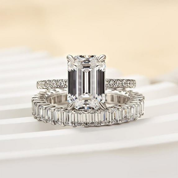 Kalapi Jewel Moissanite Ring Set for Her - 14K White Gold Plated - 1.5 Ct Emerald Cut Engagement Ring Set with Eternity Band - Solitaire with Accents Ring Set for Weddings
