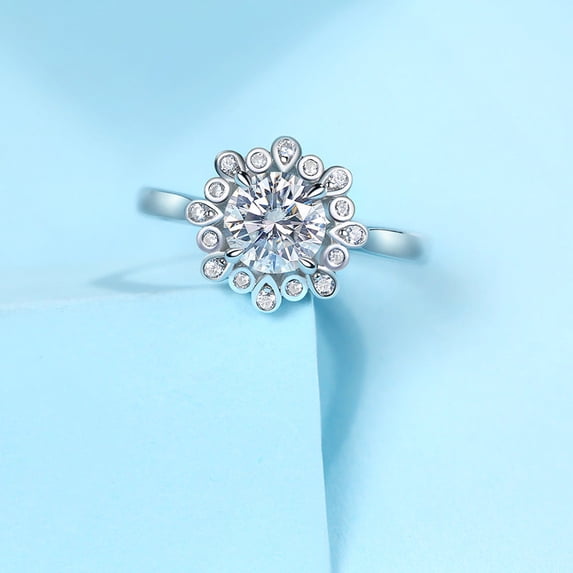 Kalapi Jewel Radiant 14K White Gold Plated Round Brilliant Cut Moissanite Engagement Ring - 1.4 Ct Halo Prong Set Cocktail Ring for Women - Ideal Wedding Jewelry & Gift Option