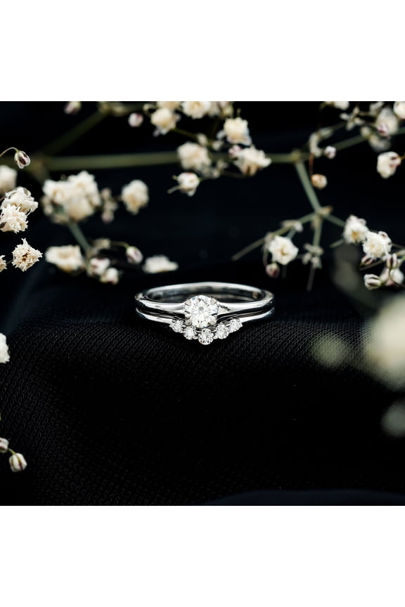 Simple Solitaire Engagement Ring Set for Women - 1.3 Ct Round Cut Moissanite Ring with Prong Setting - 14K White Gold Plated Wedding, Proposal & Anniversary Gift