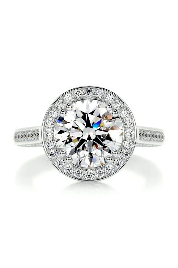 ry 2 Ct VVS1 Round Cut Moissanite Solitaire Rings for Her - 14K White Gold Plated Wedding Moissanite Rings - Bezel Halo Moissanite Ring for Her - Eternity Split Shank Moissanite Ring