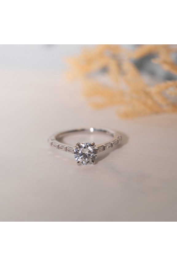 Women's Engagement Ring – 1.1 Carat Round Cut Moissanite in 14K White Gold Plated – Classic Three Stone Solitaire Prong Set Ring – Bridal Jewelry Gift for Her