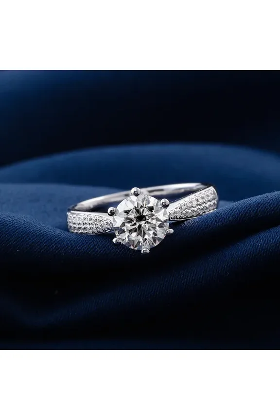 Women’s Engagement Ring – 14K White Gold Plated Solitaire with 1.5 Ct Round Cut Moissanite – Classic Prong Setting Wedding Ring for Gift