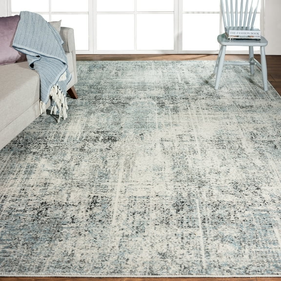 Theory Distressed Dusty Blues / Greys Abstract Area Rug 2' x 3' 2' x 3' Living Room,Bedroom,Entryway