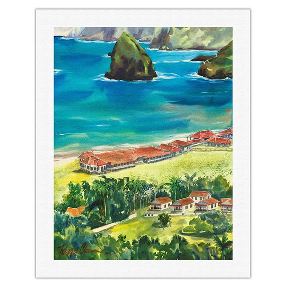 Kalaupapa - Hawaiian Island Molokai - Father Damien Leper Settlement - From an Original Hawaii Watercolor Painting by Peggy Chun - Fine Art Rolled Canvas Print 20in x 26in