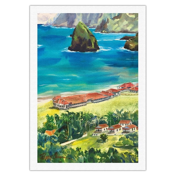 Kalaupapa - Hawaiian Island Molokai - Father Damien Leper Settlement - From an Original Hawaii Watercolor Painting by Peggy Chun - Fine Art Rolled Canvas Print 27in x 40in