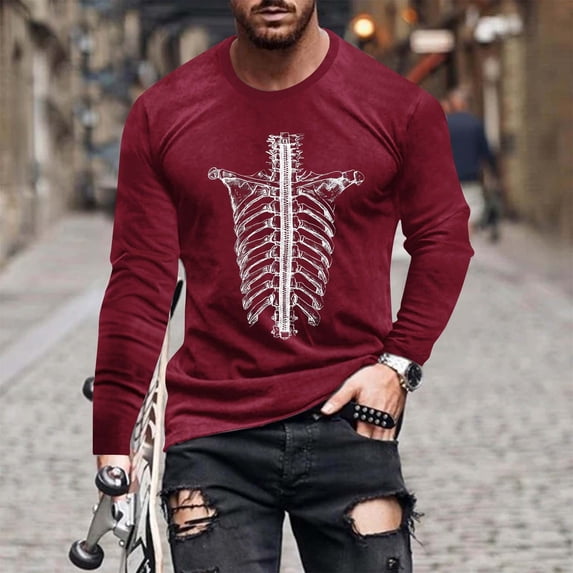 Kalauyu Athletic Casual Tops for Men Halloween Graphic Print Round Neck Long Sleeve Tops Casual Loose Sports Halloween Fashion Tunic Tops