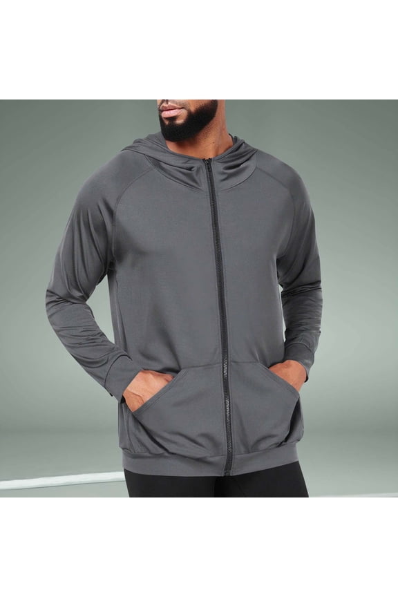 Full Zip Hooded Athletic Jacket for Men Long Sleeve Shirts Lightweight Wind Hoodie with Kangaroo Pocket Casual Active Workout Outerwear