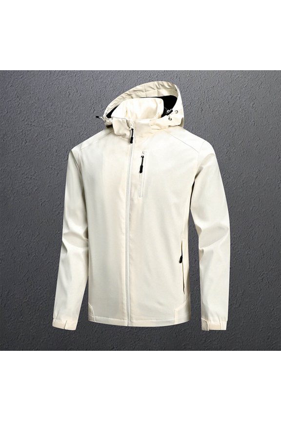 Hood Windproof Rain Jacket for Men Drawstring Full Zip Coat Lightweight Solid Outdoor Outerwear with Zipper Chest Pocket