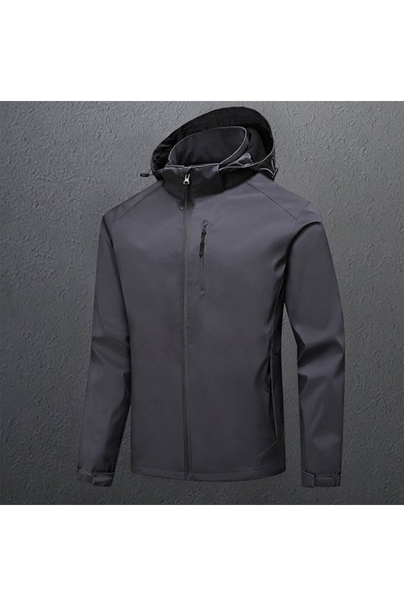 Hood Windproof Rain Jacket for Men Drawstring Full Zip Coat Lightweight Solid Outdoor Outerwear with Zipper Chest Pocket