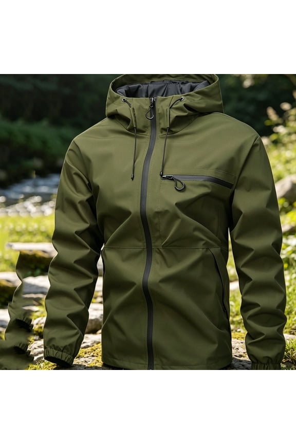 Hooded Rain Jackets for Men Drawstring Hood Full Zip Shirts with Multi Pocket Lightweight Windproof Solid Color Outdoor Hiking Cycling Casual Tops