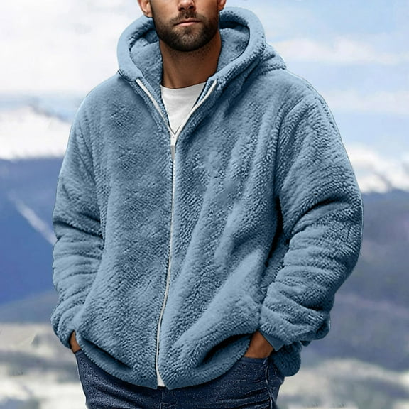 Kalauyu Hooded Sweatshirts Mens Fuzzy Sherpa Jacket Cardigan Fleece Long Sleeve Full Zip Open Front Thermal Coat Winter Outerwear