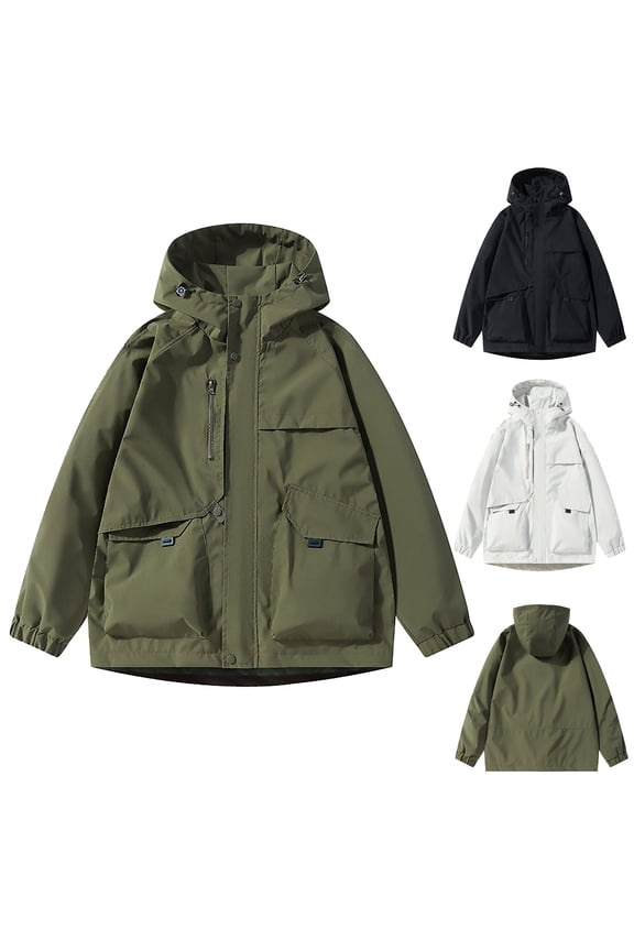 Hooded Utility Jacket for Men Full Zip Snap Button Windproof with Multi Pocket Adjustable Drawstring Hem Outdoor Mountaineering Cargo Spring Coat