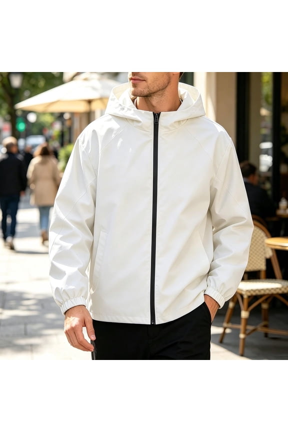 Hooded Windproof Jacket Full Zip Tops for Men Lightweight Elastic Cuff with Side Pocket Solid Color Coat Outdoor Casual Hiking Outerwear