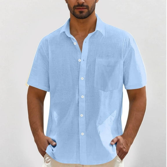 Kalauyu Linen Shirts for Men Casual Short Sleeve Button Down Shirt Beach Vacation Summer Wedding Cotton Tops