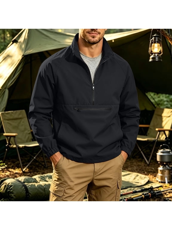 Long Sleeve Half Zip Windbreaker Jackets for Men Casual Front Zip Pocket Stand Collar Tunic Tops Breathable Outdoor Lightweight Anorak Tops