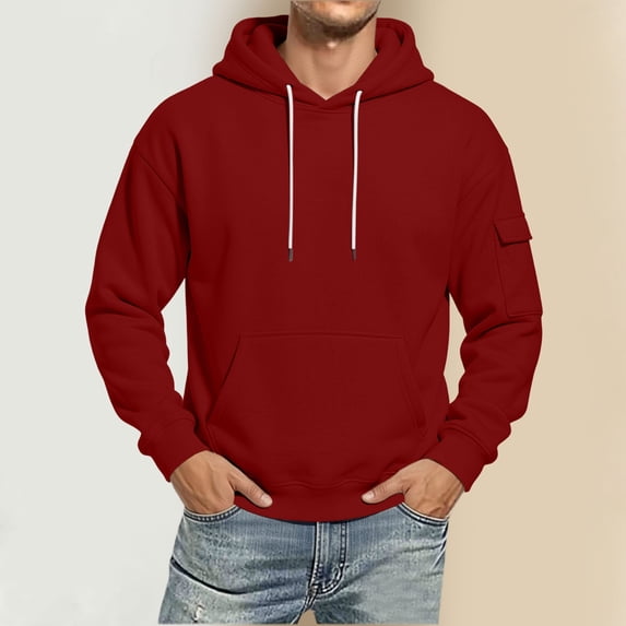 Kalauyu Long Sleeve Hoodies Tees for Men Drawstring Hood Cargo with Pocket Casual Fall Winter Loose Sports Solid Pullover Sweatshirts