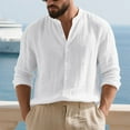 thumbnail image 1 of Kalauyu Men Cotton Linen Long Sleeve Button Down Shirt Summer Casual Hawaiian Beach Tops Lightweight Fashion Hoodies, 1 of 5