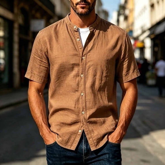 Kalauyu Men Short Sleeve Button Down Shirts Stand Collar Casual Summer Fashion Lightweight Solid Color Top