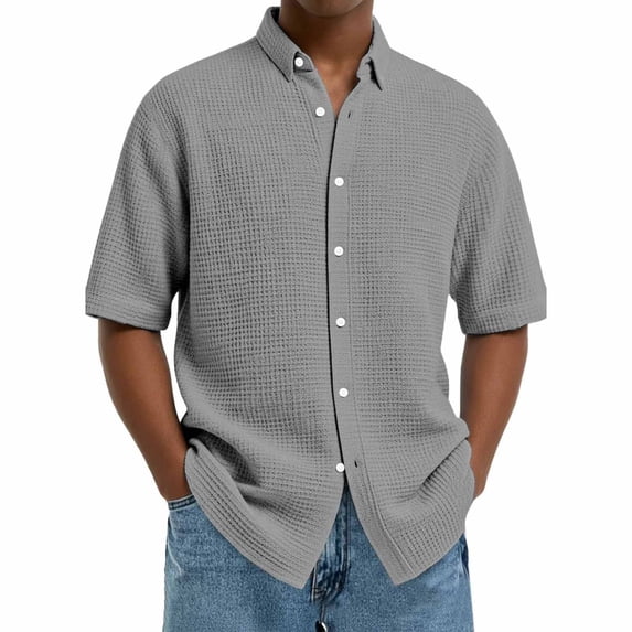 Kalauyu Men Waffle Button Down Shirt Casual Short Sleeve Summer T Shirt Tee Top Beach Lapel Shirt