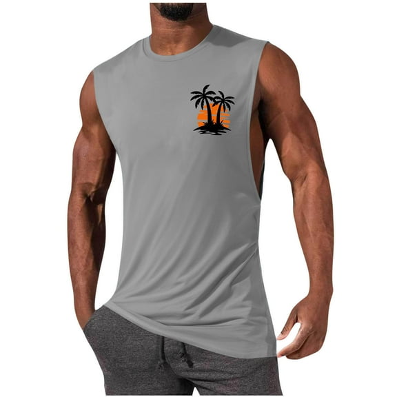Kalauyu Men's Beach Tank Tops Workout Tank Sleeveless Cotton Quick Dry Bodybuilding Shirts Gym Shirts Palm Tree Tops