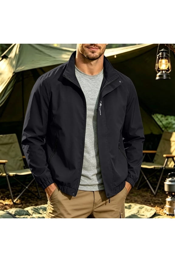 Men's Bomber Jacket Full Zipper Elastic Casual Stand Collar Outerwear with Zipper Pockets Lightweight Outdoor Athletic Coat