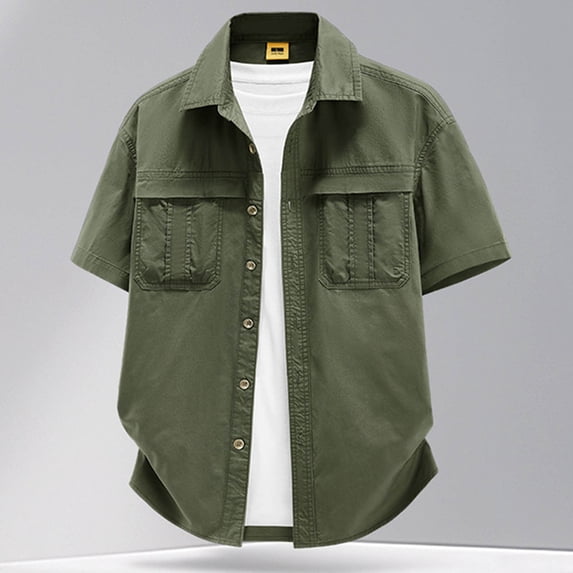 Kalauyu Men's Button Down Shirts Short Sleeve Cotton Shirts with Double Chest Pocket Lightweight Casual Outdoor Work Solid Color Cargo Tops
