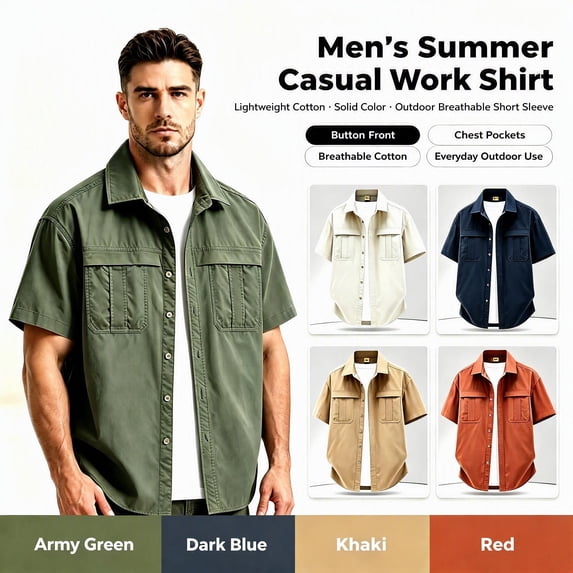 Kalauyu Men's Button Down Shirts Short Sleeve Cotton Shirts with Double Chest Pocket Lightweight Casual Outdoor Work Solid Color Cargo Tops