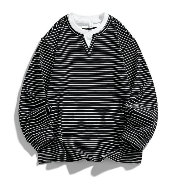 Kalauyu Men's Casual Striped Shirts Crewneck Long Sleeve Basic T-Shirt Basic Daily Work Stripe Tee Tops