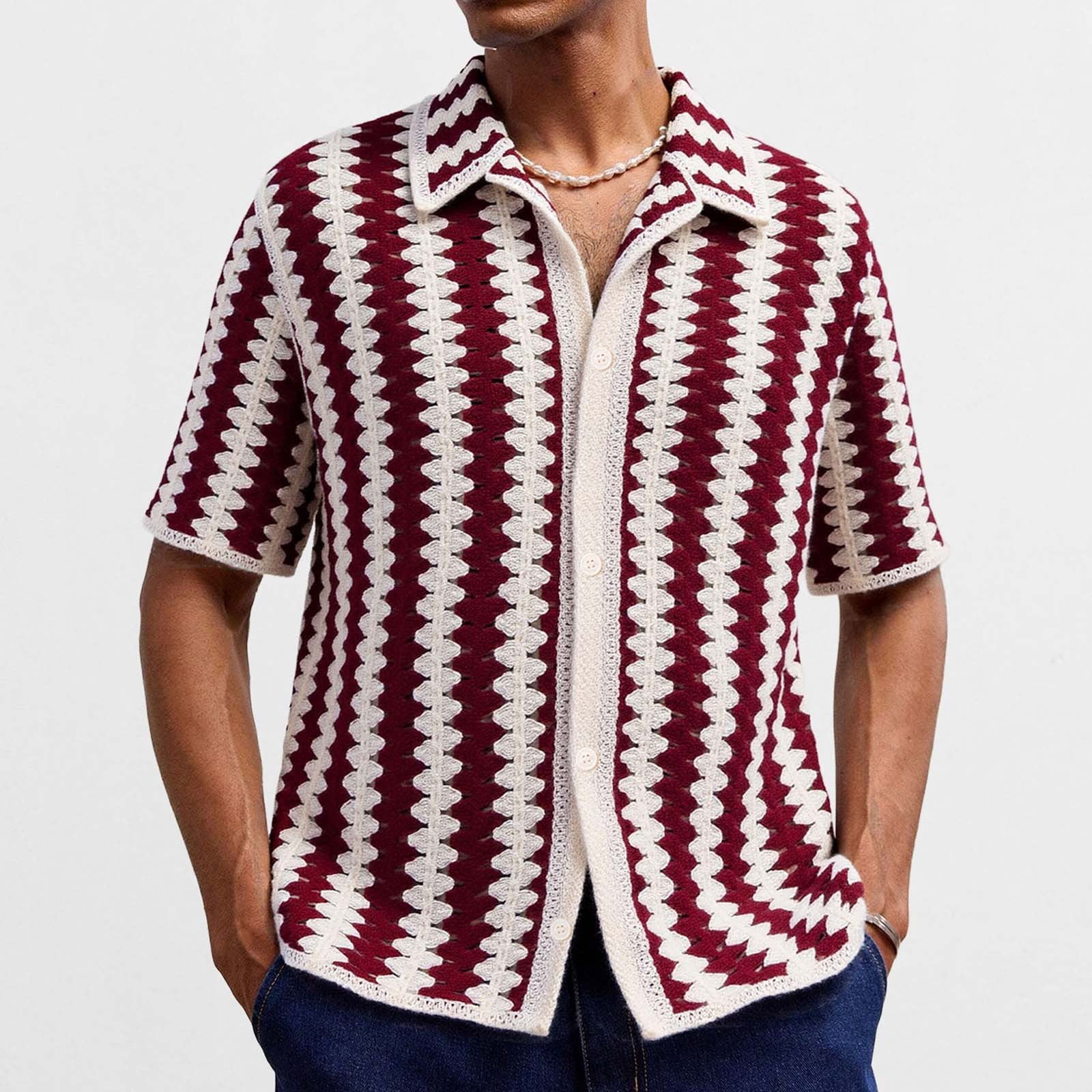 Kalauyu Men's Crochet Short Sleeve Button Down Knit Shirt Casual