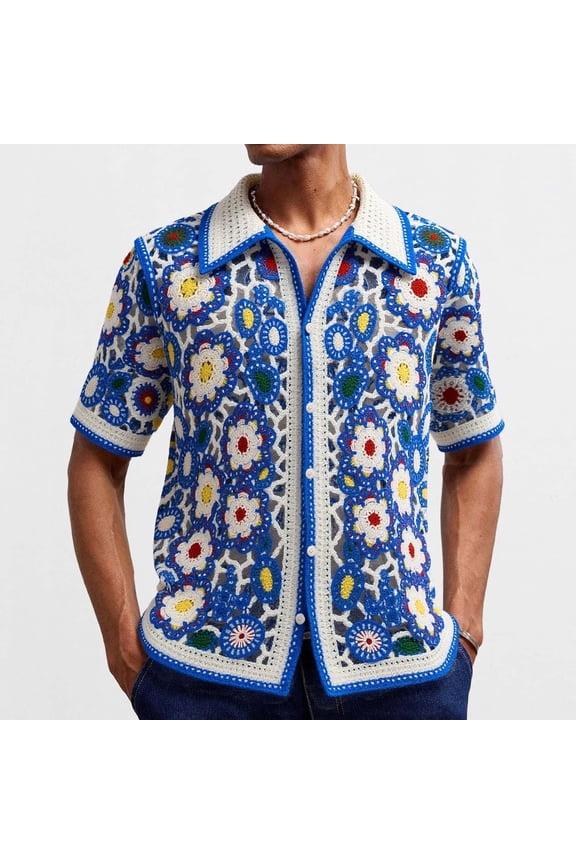 Men's Crochet Short Sleeve Button Down Knit Shirt Casual Hollow Out Summer Beach Vacation Tops
