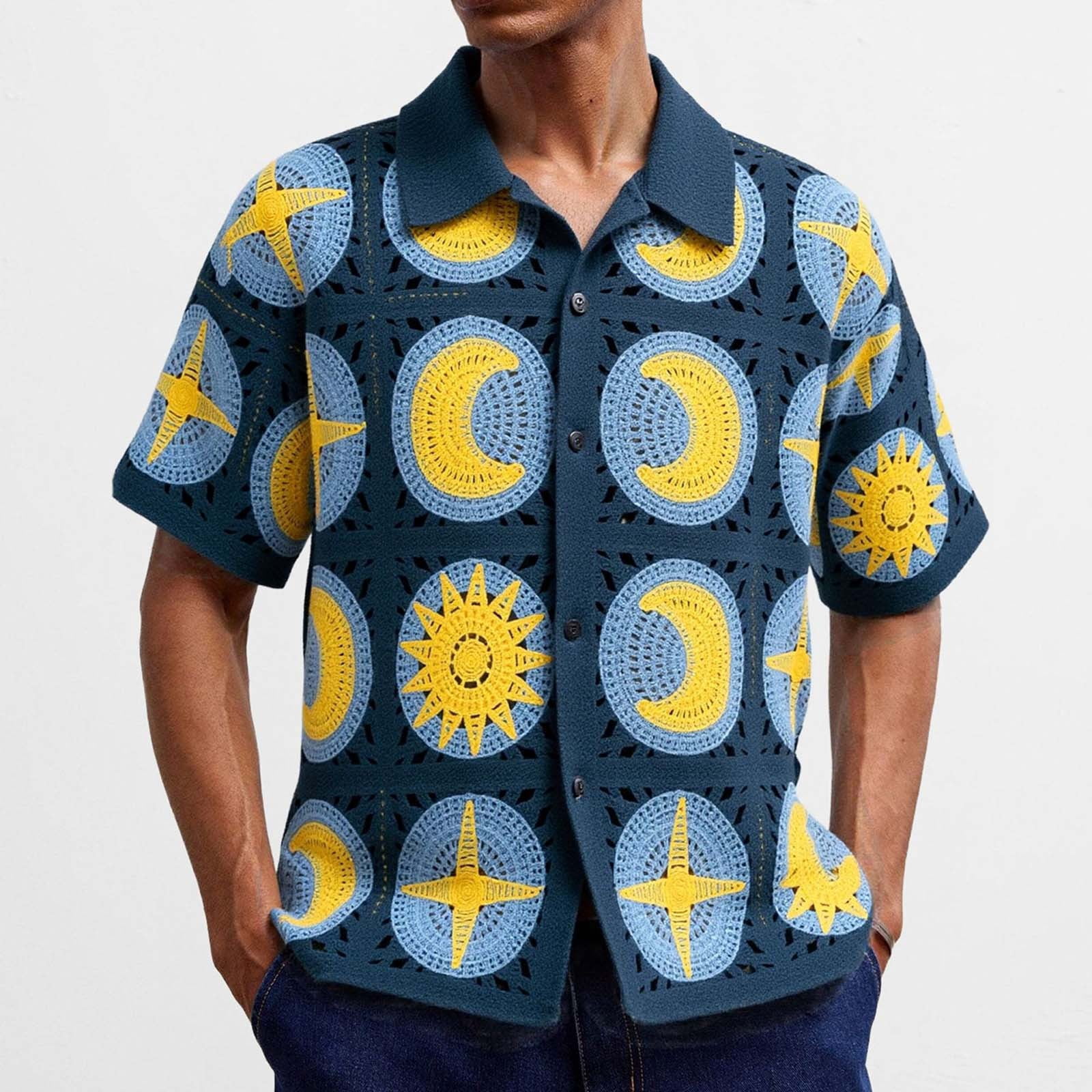 Kalauyu Men's Crochet Short Sleeve Button Down Knit Shirt Casual