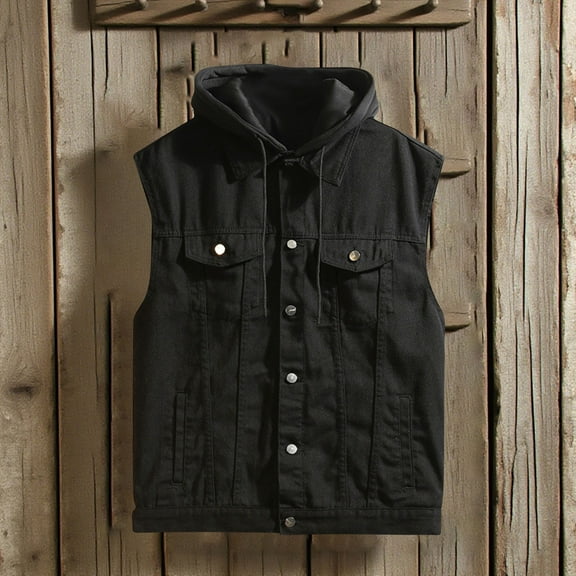 Kalauyu Men's Denim Vest Outdoor Casual Sleeveless Jacket Jean Work Travel Utility Vest with Removable Hooded