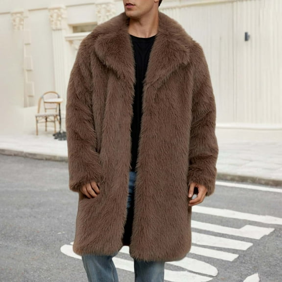 Kalauyu Men's Faux Fur Coat Winter Long Faux Coat Fluffy Thick Trench Coat for Men