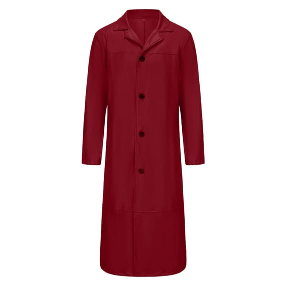 Kalauyu Men's Faux Leather Overcoat Fashion Casual Solid Color Leather Buttons Long Sleeve Hoodless Casual Long Outwear Trench Coat