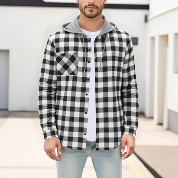 Kalauyu Men's Flannel Hoodie Shirts Button Down Plaid Shirt Jackets for Men Hooded Long Sleeve with Pocket